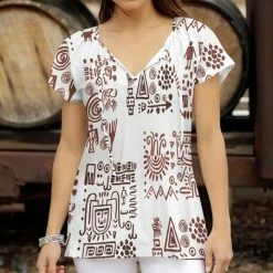 Budget 😀 Bon Apple Tea White & Brown Geometric Tie-Front Notch Neck Top - Plus 🎉