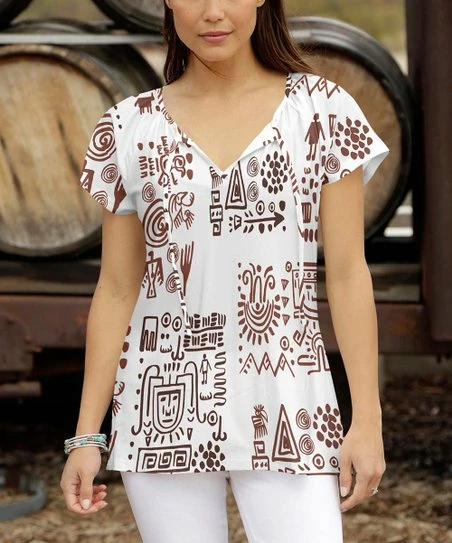 Budget π Bon Apple Tea White & Brown Geometric Tie-Front Notch Neck Top - Plus π 1 Budget π Bon Apple Tea White & Brown Geometric Tie-Front Notch Neck Top - Plus π