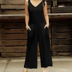 Coupon 👏 Bon Apple Tea Black Shoulder-Tie Pocket Wide-Leg Jumpsuit - Plus 🔥