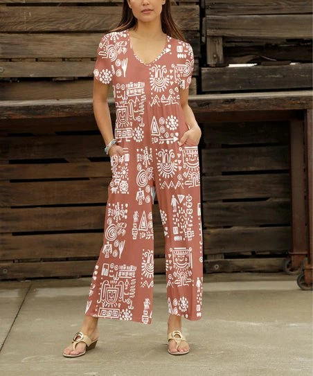 Outlet π Bon Apple Tea Clay & White Geometric Pocket Empire-Waist Wide-Leg Jumpsuit - π© Women π₯ 1 Outlet π Bon Apple Tea Clay & White Geometric Pocket Empire-Waist Wide-Leg Jumpsuit - π© Women π₯