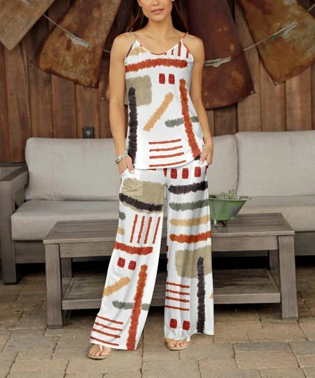Best deal π Bon Apple Tea Red & White Geometric Camisole & Pocket Wide-Leg Pants - Plus π―