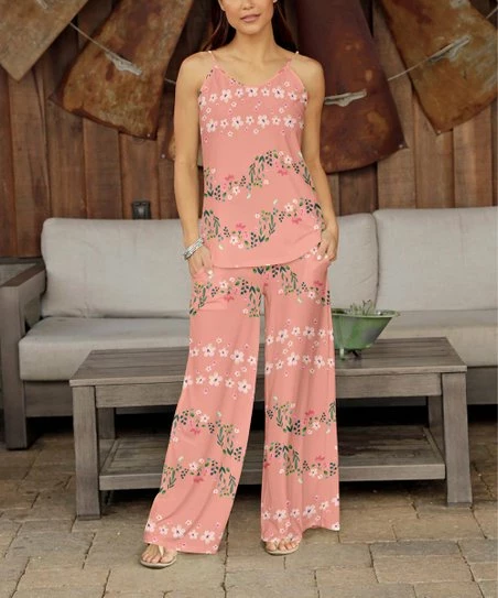 Best Pirce ✔️ Bon Apple Tea Pink & Green Floral Camisole & Pocket Wide-Leg Pants - Plus ❤️ 1 Best Pirce ✔️ Bon Apple Tea Pink & Green Floral Camisole & Pocket Wide-Leg Pants - Plus ❤️
