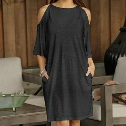 Discount 🌟 Bon Apple Tea Dark Gray Cold-Shoulder Pocket 👗 Dress - 👩 Women 🌟
