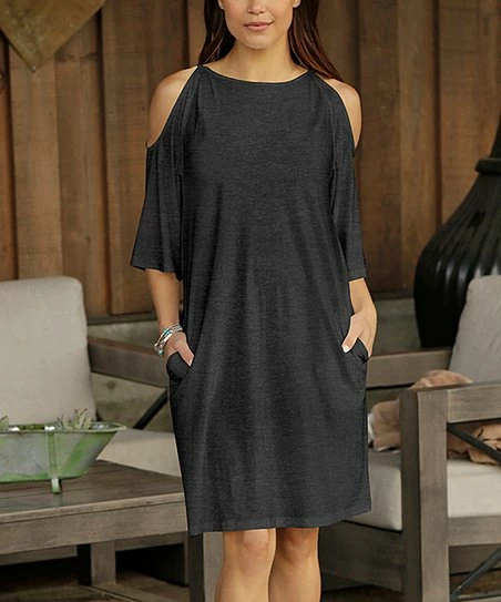 Discount π Bon Apple Tea Dark Gray Cold-Shoulder Pocket π Dress - π© Women π 1 Discount π Bon Apple Tea Dark Gray Cold-Shoulder Pocket π Dress - π© Women π