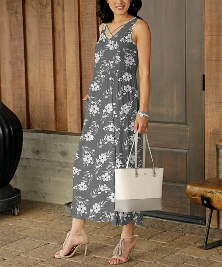 Promo β¨ Bon Apple Tea Gray & White Floral Crisscross Neck Pocket Maxi π Dress - π© Women π 1 Promo β¨ Bon Apple Tea Gray & White Floral Crisscross Neck Pocket Maxi π Dress - π© Women π