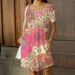 Best deal 👍 Bon Apple Tea Pink & Cream Floral Pocket Curved-Hem Shift 👗 Dress - Plus ❤️