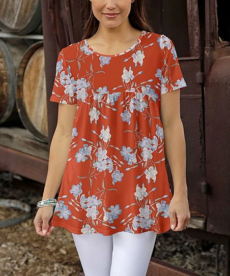 Flash Sale π Bon Apple Tea Orange & Blue Floral Short-Sleeve Empire-Waist Top - Plus β¨ 1 Flash Sale π Bon Apple Tea Orange & Blue Floral Short-Sleeve Empire-Waist Top - Plus β¨