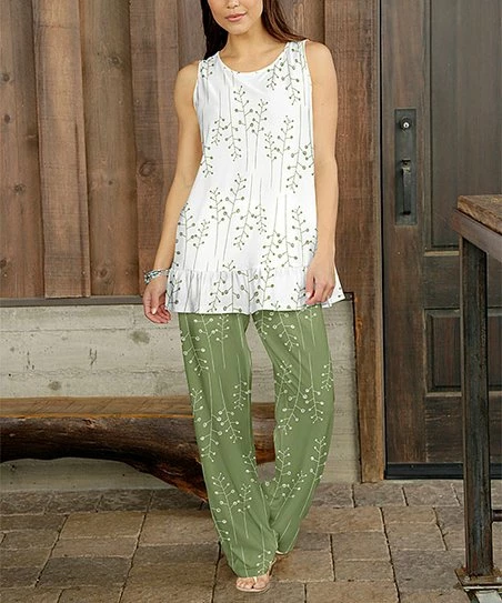 Budget π Bon Apple Tea White & Green Botanical Ruffle-Hem Sleeveless Top & Palazzo Pants - π© Women π₯ 1 Budget π Bon Apple Tea White & Green Botanical Ruffle-Hem Sleeveless Top & Palazzo Pants - π© Women π₯