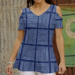 Cheapest 😀 Bon Apple Tea Navy & Blue Checkerboard Shoulder Cut-Out V-Neck Tee - Plus 😉