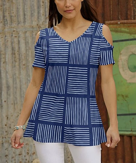 Cheapest π Bon Apple Tea Navy & Blue Checkerboard Shoulder Cut-Out V-Neck Tee - Plus π 1 Cheapest π Bon Apple Tea Navy & Blue Checkerboard Shoulder Cut-Out V-Neck Tee - Plus π