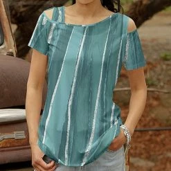 Top 10 🎁 Bon Apple Tea Teal & White Abstract Stripe Asymmetrical Cold-Shoulder Top - 👩 Women ✔️