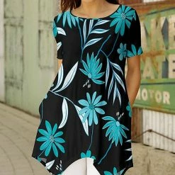 Cheapest 🎁 Bon Apple Tea Black & Turquoise Floral Pocket Handkerchief Tunic - 👩 Women 🎁