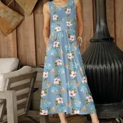 Coupon 🔔 Bon Apple Tea Blue & Pink Floral Sleeveless Pocket Maxi 👗 Dress - Plus 👏