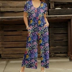 Best Sale ⭐ Bon Apple Tea Blue Purple Floral Empire-Waist Wide-Leg Pocket Jumpsuit - Plus 🧨