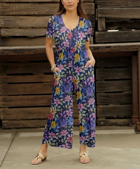 Best Sale โญ Bon Apple Tea Blue Purple Floral Empire-Waist Wide-Leg Pocket Jumpsuit - Plus ๐งจ