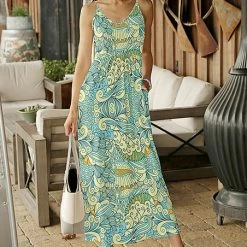 Best Sale 🎉 Bon Apple Tea Cream & Blue Abstract Floral V-Neck Pocket Maxi 👗 Dress - 👩 Women 🥰