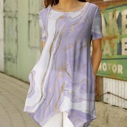 Hot Sale 🤩 Bon Apple Tea Lavender & Gold Marble-Print Handkerchief-Hem Pocket Tunic - Plus 🌟