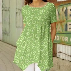 Flash Sale ⭐ Bon Apple Tea Green & Beige Floral Handkerchief-Hem Pocket Tunic - Plus 🛒