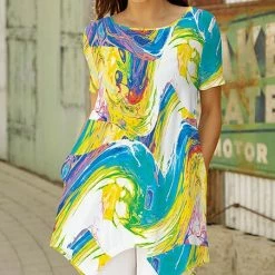 Flash Sale 🎁 Bon Apple Tea Yellow & Turquoise Swirl Pocket Handkerchief Tunic - 👩 Women 😉