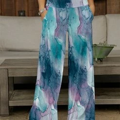 Flash Sale 🔔 Bon Apple Tea Teal & Purple Watercolor High-Waist Palazzo Pants - 👩 Women & Plus ⌛