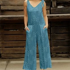Cheapest 👏 Bon Apple Tea Blue & White Floral Shoulder-Tie Pocket Sleeveless Jumpsuit - 👩 Women 🎉
