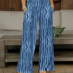 Buy 🔔 Bon Apple Tea Blue & Navy Abstract Stripe Pocket Wide-Leg Pants - 👩 Women 👏