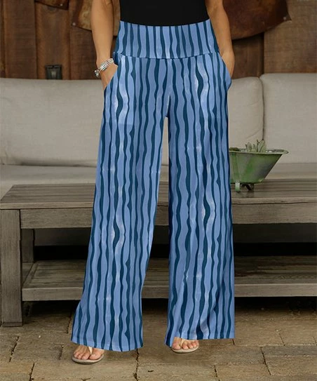 Buy π Bon Apple Tea Blue & Navy Abstract Stripe Pocket Wide-Leg Pants - π© Women π 1 Buy π Bon Apple Tea Blue & Navy Abstract Stripe Pocket Wide-Leg Pants - π© Women π