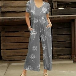 Wholesale 😍 Bon Apple Tea Gray & White Floral Empire-Waist Wide-Leg Jumpsuit - 👩 Women & Plus 🧨