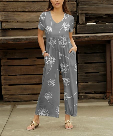 Wholesale π Bon Apple Tea Gray & White Floral Empire-Waist Wide-Leg Jumpsuit - π© Women & Plus π§¨