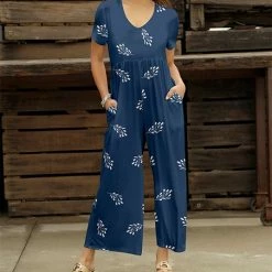 Promo ⭐ Bon Apple Tea Blue & White Floral Empire-Waist Wide-Leg Jumpsuit - 👩 Women 😉