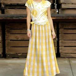 Buy 😉 Bon Apple Tea White Floral Crewneck Tee & Yellow Plaid A-Line Maxi 👗 Skirt - 👩 Women 🥰