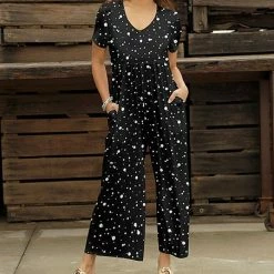 Discount 🎁 Bon Apple Tea Black & White Dotted Empire-Waist V-Neck Wide-Leg Jumpsuit - 👩 Women & Plus ⭐