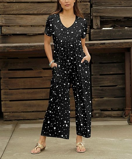 Discount 🎁 Bon Apple Tea Black & White Dotted Empire-Waist V-Neck Wide-Leg Jumpsuit - 👩 Women & Plus ⭐