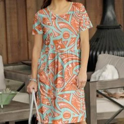 Discount 🎉 Bon Apple Tea Orange & Mint Geometric Gathered-Waist Pocket T-Shirt 👗 Dress - Plus 🥰