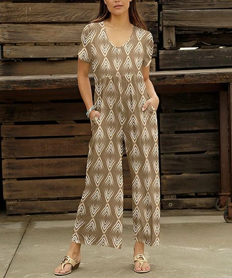 Brand new π€© Bon Apple Tea Beige & White Geometric Pocket Empire-Waist Wide-Leg Jumpsuit - π© Women & Plus β