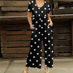 Best Pirce 🤩 Bon Apple Tea Black & White Polka Dot Pocket V-Neck Jumpsuit - Plus ⌛