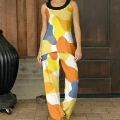 Best deal 😀 Bon Apple Tea Yellow & Orange Abstract Yoke Top & Wide-Leg Pants - 👩 Women 🧨