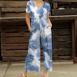 Cheap ❤️ Bon Apple Tea Blue & Cream Marble Pocket Empire-Waist Wide-Leg Jumpsuit - 👩 Women ✔️
