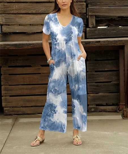 Cheap β€οΈ Bon Apple Tea Blue & Cream Marble Pocket Empire-Waist Wide-Leg Jumpsuit - π© Women βοΈ 1 Cheap β€οΈ Bon Apple Tea Blue & Cream Marble Pocket Empire-Waist Wide-Leg Jumpsuit - π© Women βοΈ