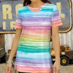 Wholesale ⭐ Bon Apple Tea Purple & Turquoise Stripe Tie-Dye Cut-Out Short-Sleeve Top - Plus 🔔