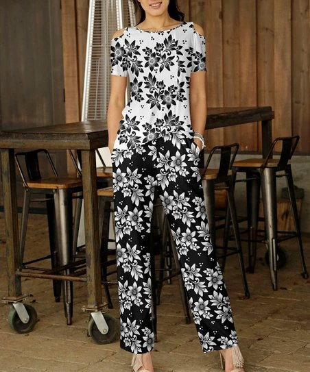 Wholesale β Bon Apple Tea White & Black Floral Cold-Shoulder Top & Pants - Plus π§¨