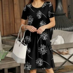 Hot Sale 🎉 Bon Apple Tea Black & White Floral Outline Empire-Waist 👗 Dress - 👩 Women ✔️