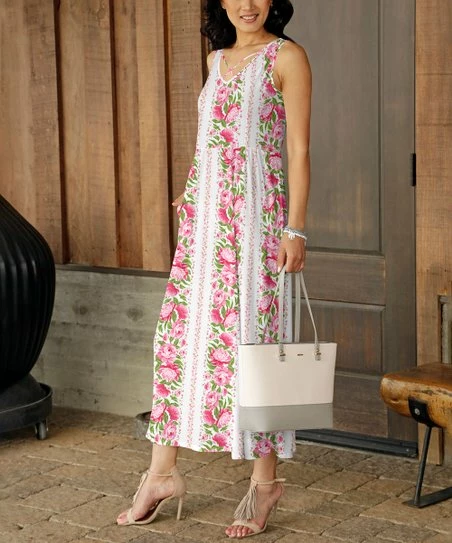 Best deal ✔️ Bon Apple Tea White & Pink Floral Pocket Criss-Cross V-Neck Maxi 👗 Dress - Plus 🔥