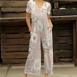 Wholesale ✔️ Bon Apple Tea Beige & Blue Floral Empire-Waist Wide-Leg Jumpsuit - Plus ✨