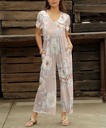 Wholesale ✔️ Bon Apple Tea Beige & Blue Floral Empire-Waist Wide-Leg Jumpsuit - Plus ✨