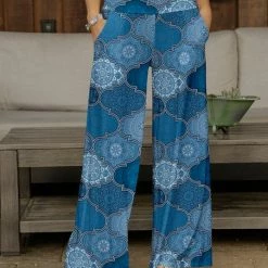 Coupon ✨ Bon Apple Tea Blue & Gray Geometric Pocket Wide-Leg Pants - 👩 Women & Plus 🎉