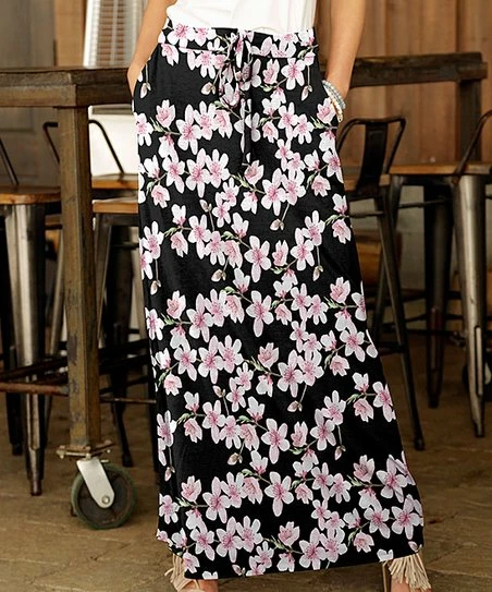 Buy π Bon Apple Tea Black & Pink Cherry Blossom Drawstring Pocket Maxi π Skirt - π© Women β€οΈ 1 Buy π Bon Apple Tea Black & Pink Cherry Blossom Drawstring Pocket Maxi π Skirt - π© Women β€οΈ