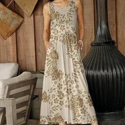 Brand new 💯 Bon Apple Tea Beige & Tan Floral Pocket Gathered-Waist Sleeveless Maxi 👗 Dress - 👩 Women 🎁
