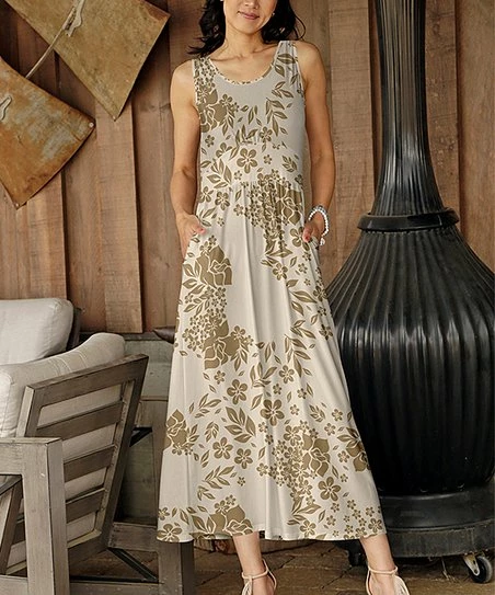 Brand new π― Bon Apple Tea Beige & Tan Floral Pocket Gathered-Waist Sleeveless Maxi π Dress - π© Women π