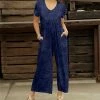Wholesale 🔔 Bon Apple Tea Navy Multicolor Leaf Empire-Waist Wide-Leg Pocket Jumpsuit - 👩 Women & Plus 🧨